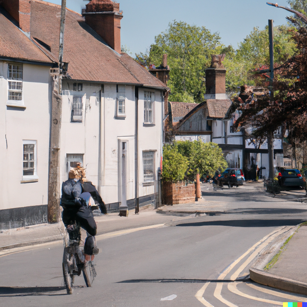 Input: “a woman cycling through berkhamsted on a sunny day”