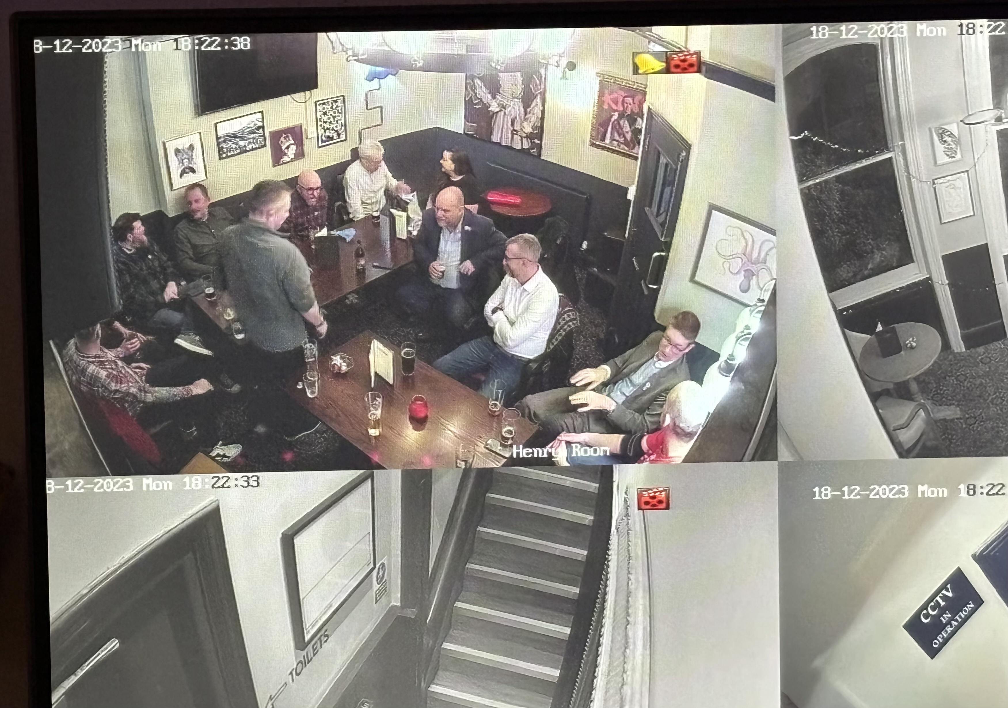 Keeping an eye on the WB-40 crew in their upstairs room via the pub’s CCTV system.