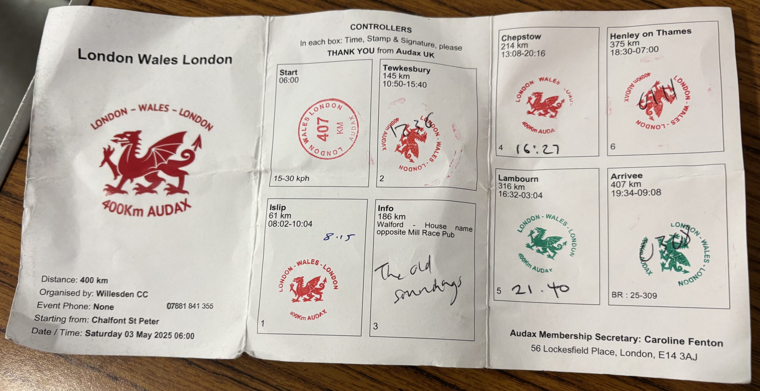 My completed brevet card. Six hours to spare.