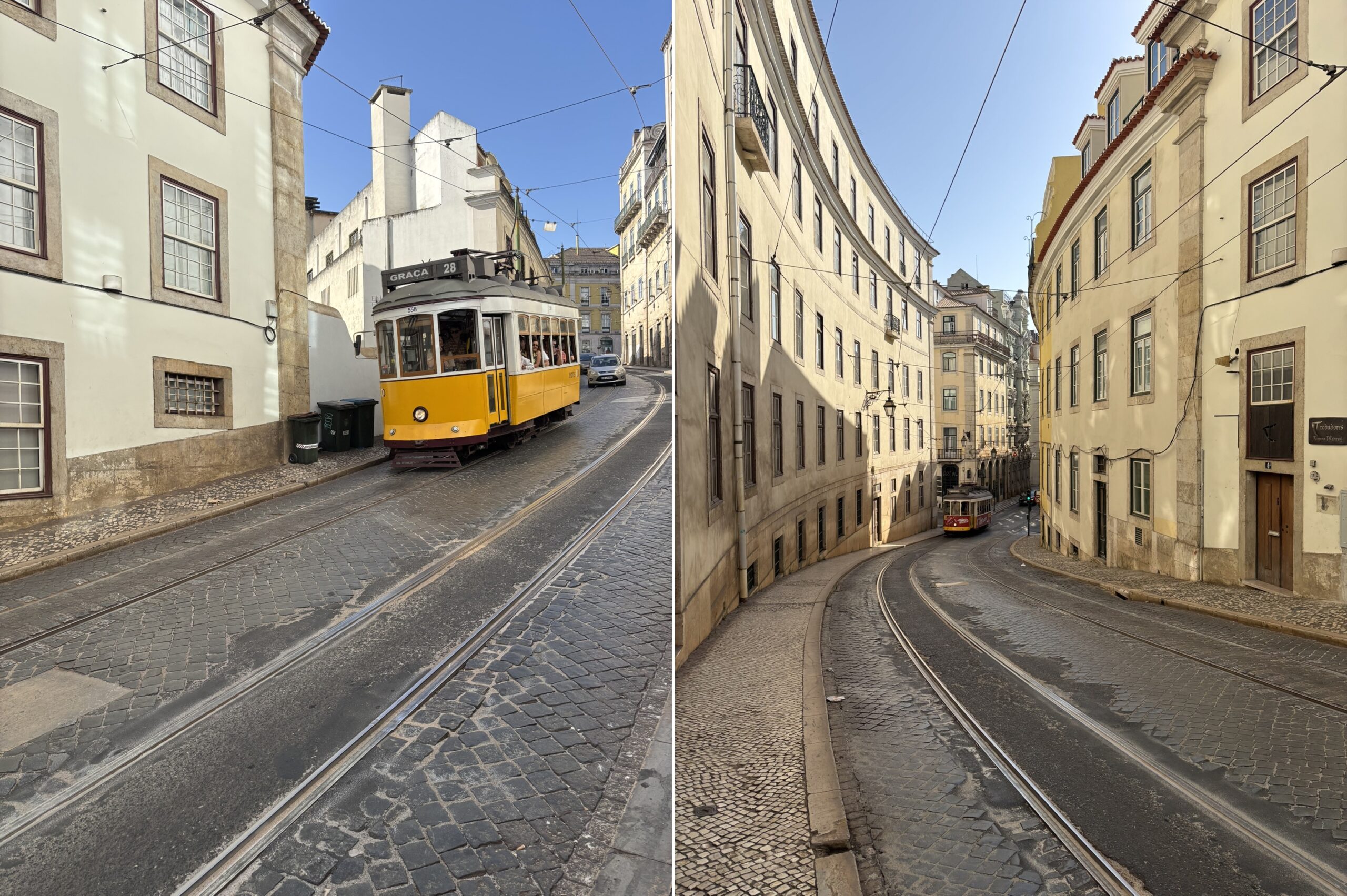 Trams heading up and down the steep hill of Calçada de São Francisco