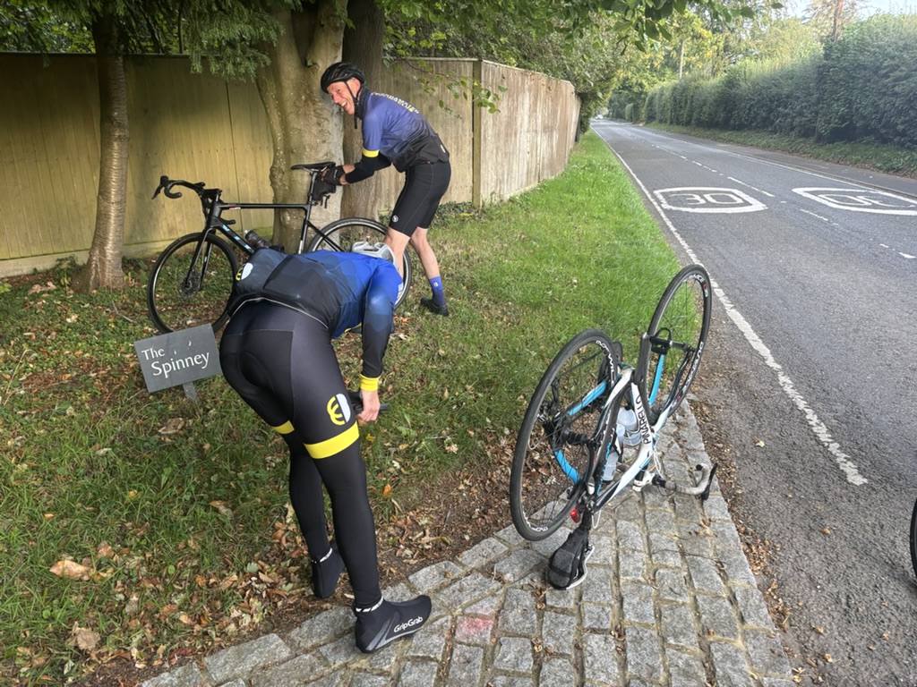 Stopping to fix a puncture on Saturday morning’s ride. Sadly our rider suffered a slow flat on the other wheel shortly after and decided to head home.