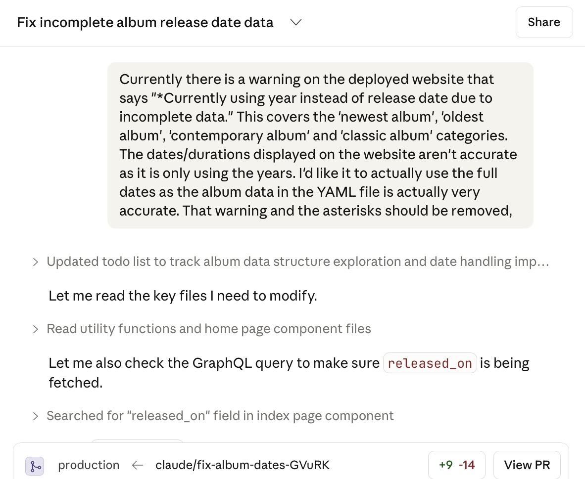 The single prompt that I used in Claude Code to update the WB-40 Album Club site.