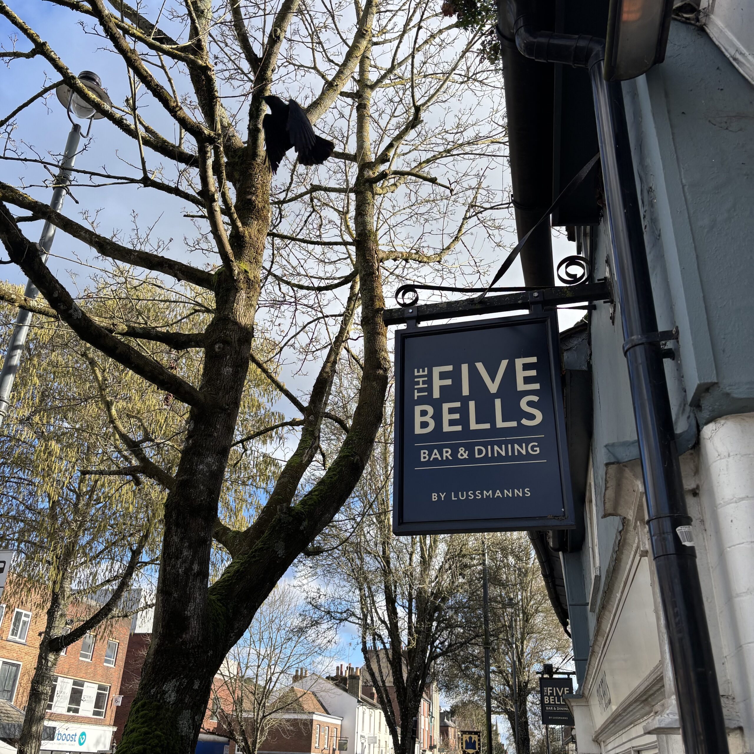 Spotted a cheeky jackdaw sitting on the sign, looking at the passersby. It flew off as I pulled out my phone to take its picture. Note the blue sky in the background — a rare moment of spring amongst days of near-endless rain.
