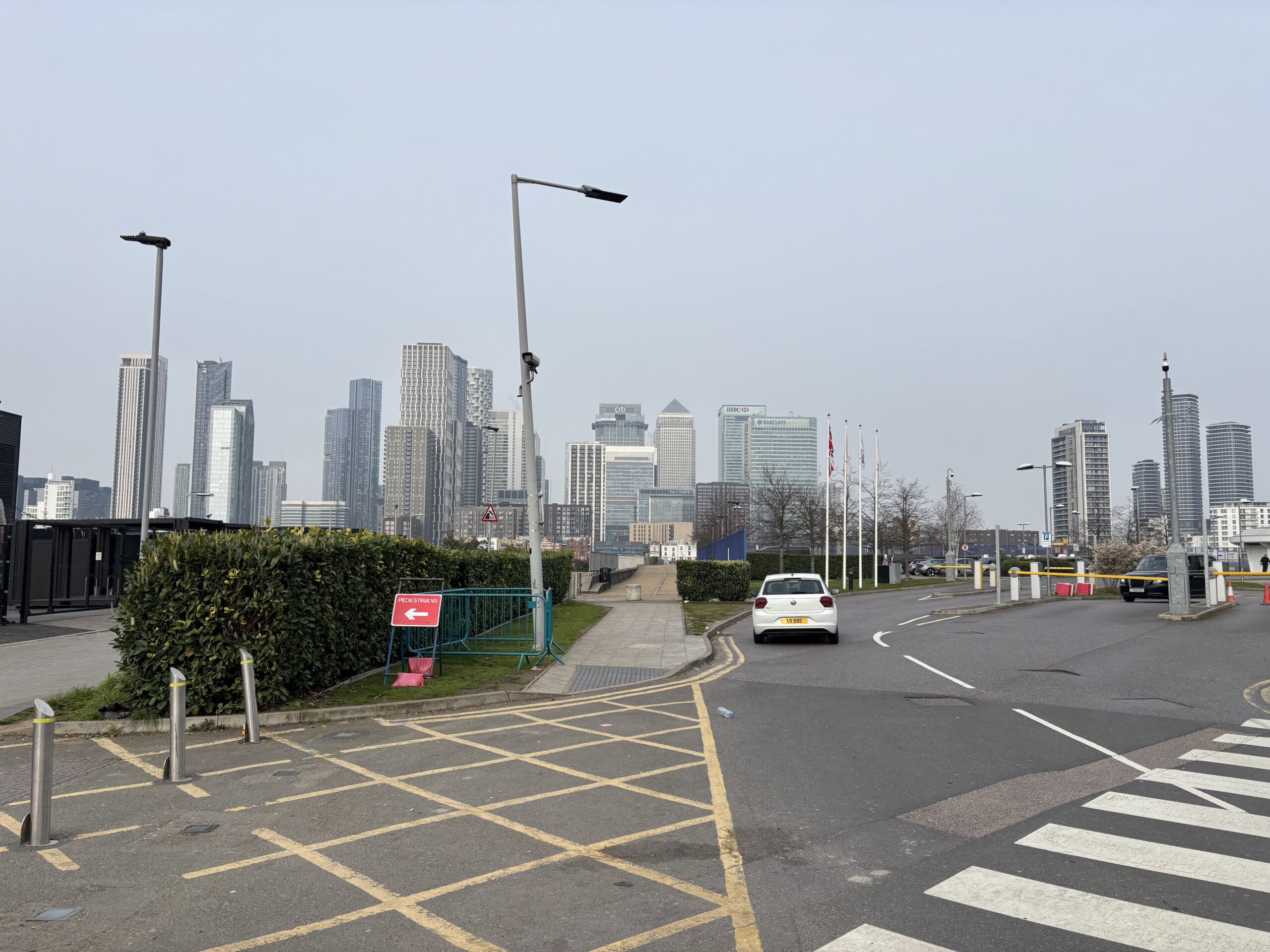 Heading to the Intercontinental Hotel at the O2 for the conference, facing the skyline of the Docklands.