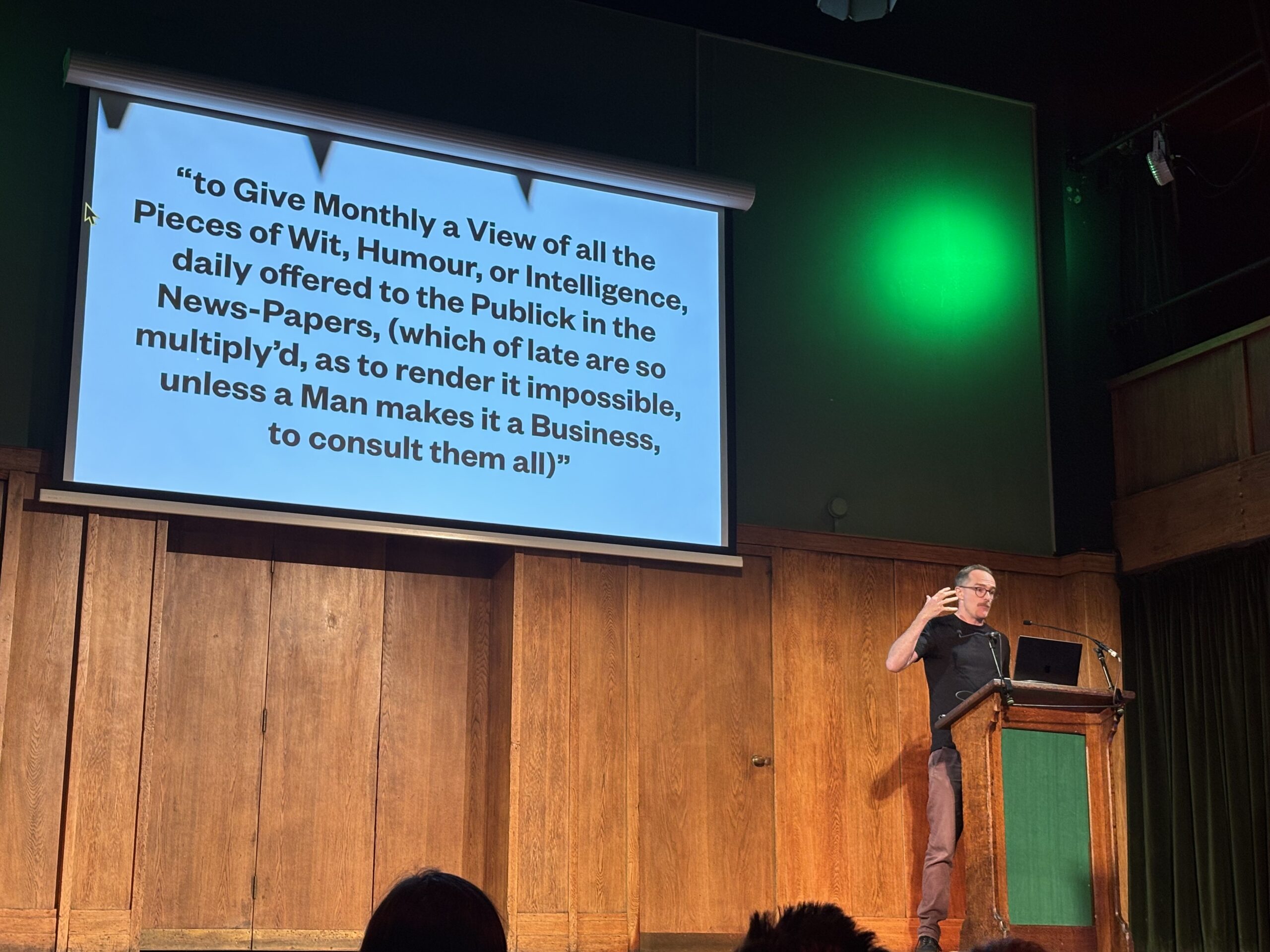 Steve Watson, founder of Stack Magazines, on stage at this week’s Interesting conference. He is showing us a quote from the first ‘digest’-style magazine ever published. Information overload was as much a thing for some people in the 18th century as it is in the 21st.