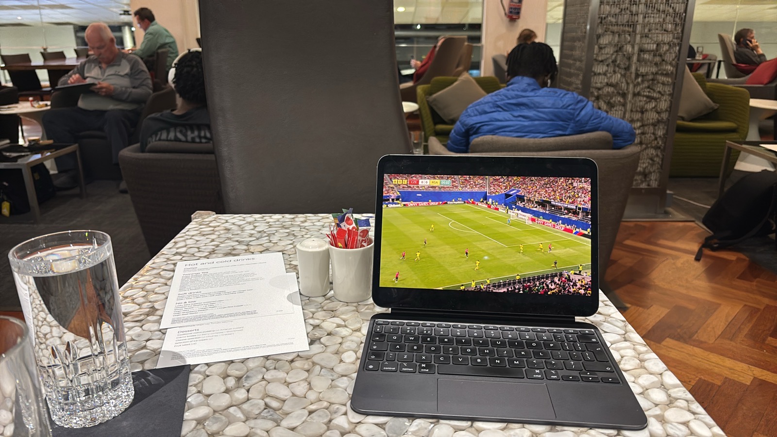 Watching the BBC iPlayer coverage of the Czechia vs South Africa World Cup match on my iPad in an airport lounge in Johannesburg, with some help from Tailscale.