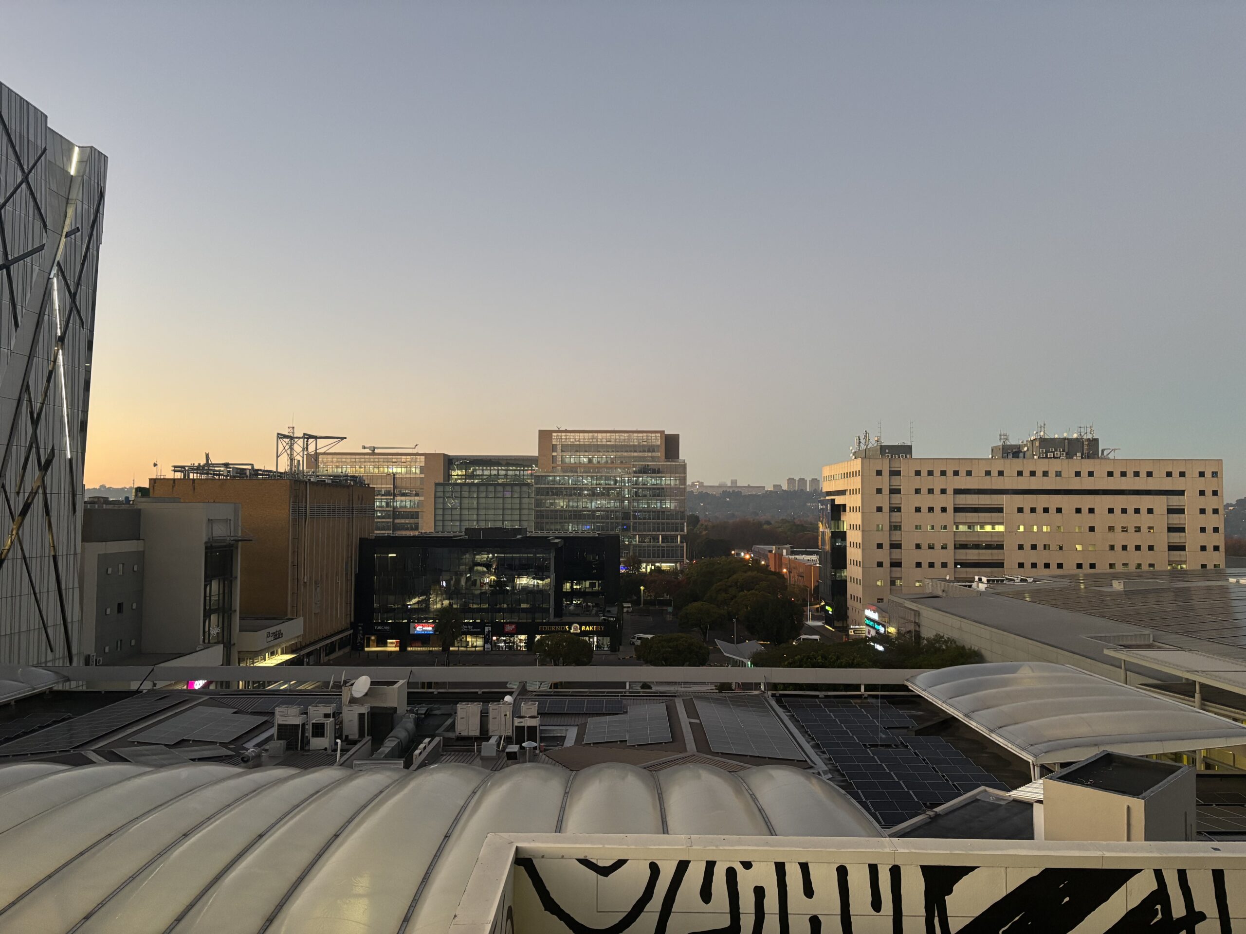 My regular morning view from the hotel gym, looking out across the Rosebank suburb of Johannesburg.