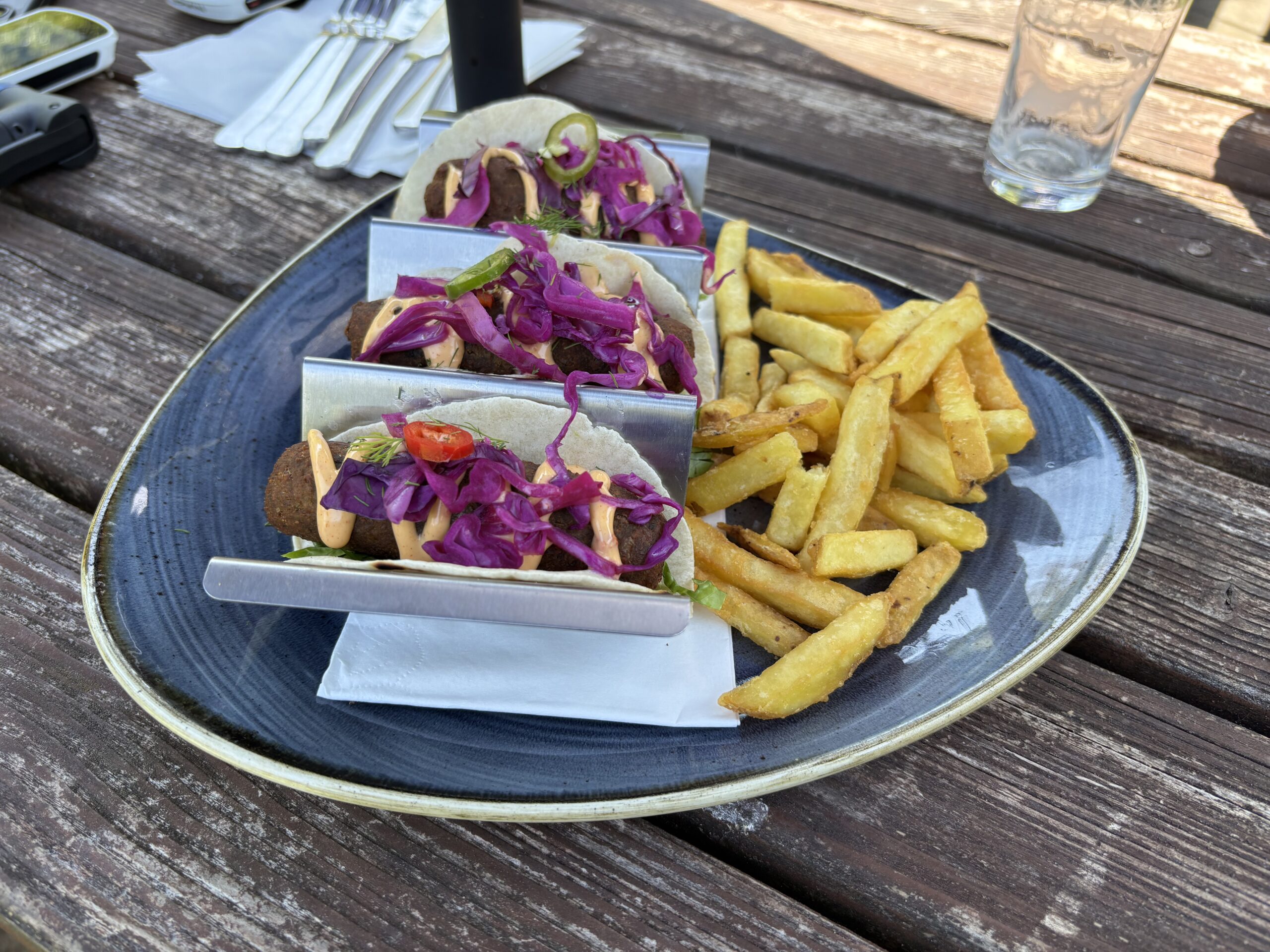 Vegetable tacos and fries at The Bush Inn, Ovington. Delicious food in a gorgeous country pub garden.